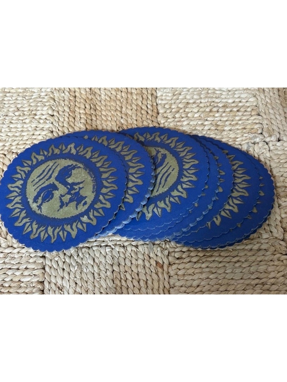 Set of 10 Vintage Blue and Gold Sun Face Coasters